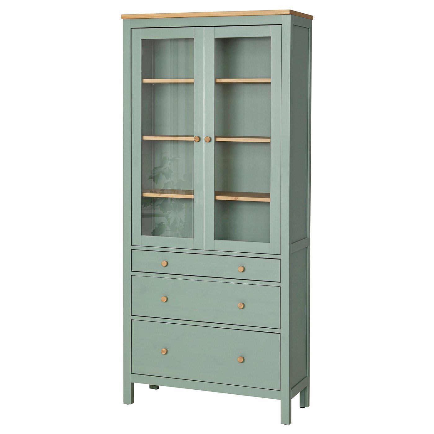 Møbelmontering HEMNES Vitrineskab med 3 skuffer, grågrøn/lysebrun med bejdse, 90×197 cm