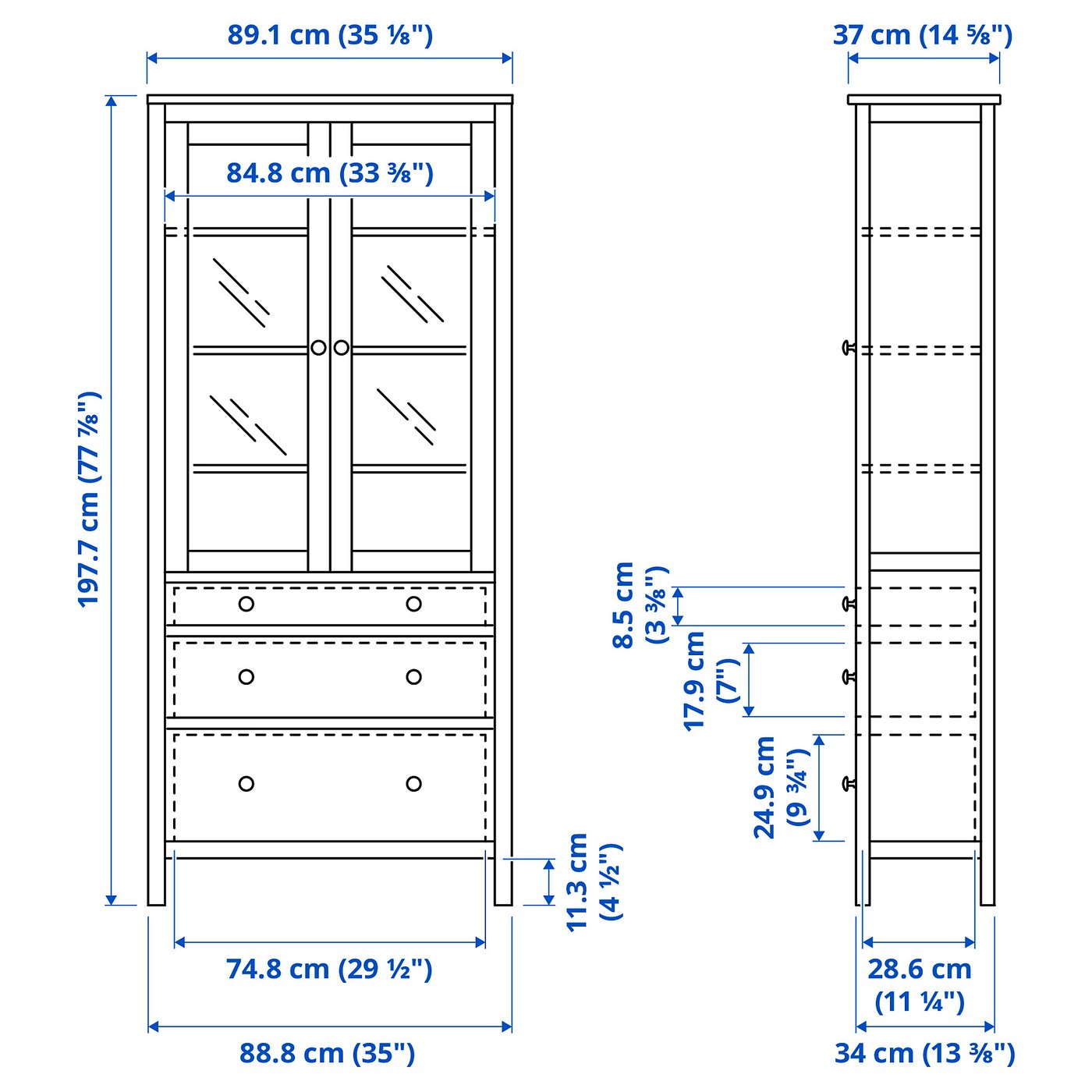 HEMNES Vitrineskab med 3 skuffer, hvid bejdse, lysebrun, 90x197 - IKEA