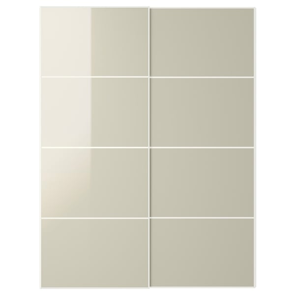 Et sæt beige højglans HOKKSUND skydelåger til garderobeskabe med et slankt, rektangulært design.