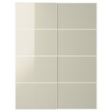 Et sæt beige højglans HOKKSUND skydelåger til garderobeskabe med et slankt, rektangulært design.