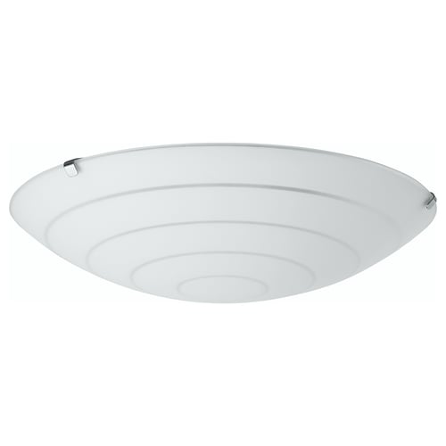 En HYBY loftlampe med en matteret hvid glasskærm. Den har et bølget design og metalarmaturer. Lampen er hvid, rund og moderne.