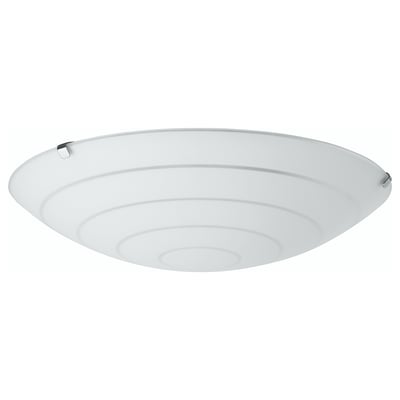 En HYBY loftlampe med en matteret hvid glasskærm. Den har et bølget design og metalarmaturer. Lampen er hvid, rund og moderne.