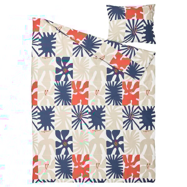 HYLSNEJLIKA dyne- og pudesæt, solbrun med blåt og rødt blomstergitter, genanvendt polyester/viskose.