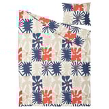 HYLSNEJLIKA dyne- og pudesæt, solbrun med blåt og rødt blomstergitter, genanvendt polyester/viskose.