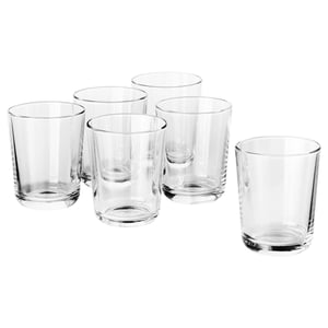 Seks gennemsigtige, cylindriske IKEA 365+ drikkeglas i forskellige størrelser, lavet af hærdet glas, arrangeret pænt til udstilling.