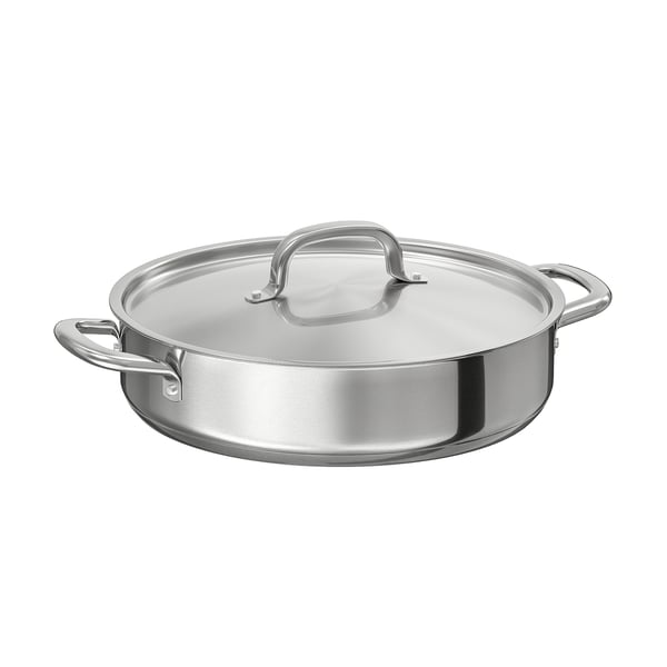 Sølvfarvet IKEA 365+ sauterpande i rustfrit stål med låg.