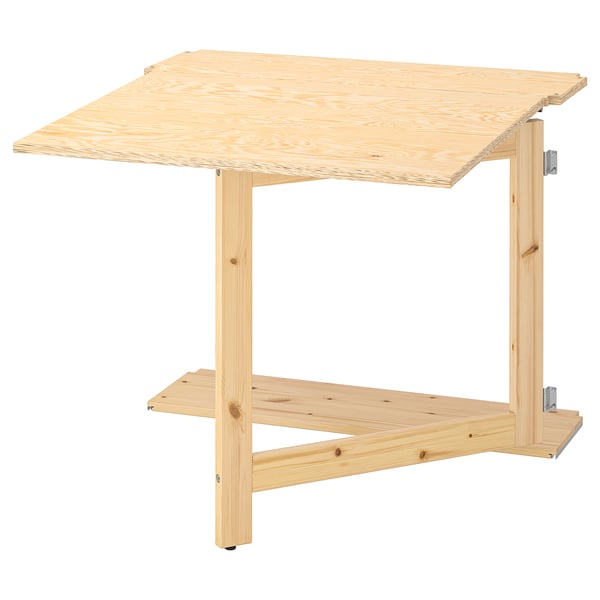 Viser et IVAR træbord, lyst, rektangulært, med et enkelt, minimalistisk design. Det er en sammenklappelig top og robuste træben.