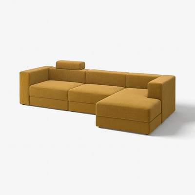 JÄTTEBO-sofa i sennepsgul, modulært design. Blødt stof, rene linjer, fokus på komfort.