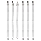 Seks hvide elastiske pladestropper med metalclips, der sikrer, at strækplader forbliver på plads.