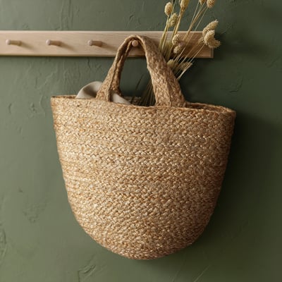 KÄLKEN naturlig jute hængende kurv på væggen, holder lette genstande, tekstureret vævning.