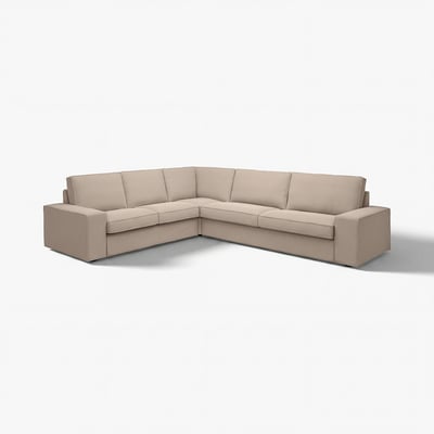 Bemærkelsesværdig sofa, KIVIK, i neutral beige. Blødt, L-formet design. Behagelige, lave armlæn. Skum og polyester med høj elasticitet. Neutral, moderne æstetik.
