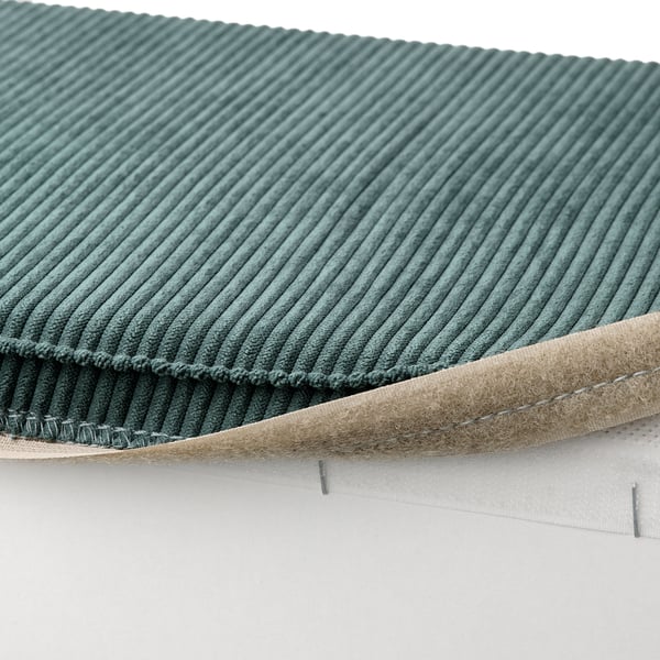KIVIK fodskammel med opbevaring: grøn, struktureret top, foldbart låg, der afslører beige inderside. Perfekt til at hvile fødder eller gemme genstande.