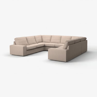 Stor beige U-formet sektionssofa med lave armlæn, lommefjedre og bløde puder for komfort og afslapning. Moderne minimalistisk design.