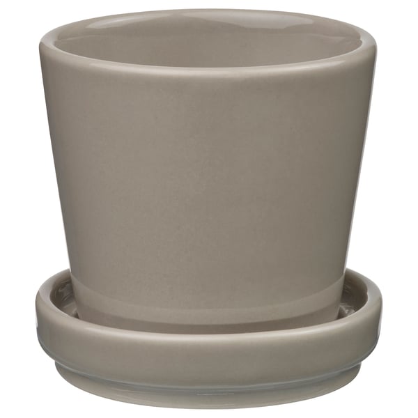 KLOTLÖNN plantekasse i grå, cylindrisk form med matchende underkop, lavet af stentøj, enkelt moderne design.