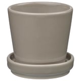 KLOTLÖNN plantekasse i grå, cylindrisk form med matchende underkop, lavet af stentøj, enkelt moderne design.
