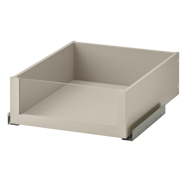 En råhvid KOMPLEMENT-skuffe med glasfront, der giver et klart udsyn indvendigt. Skuffen slanke, moderne linjer og en langsomt lukkemekanisme.