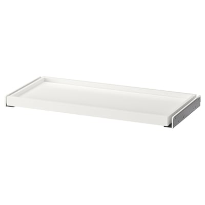 En hvid KOMPLEMENT udtræksbakke, rektangulær, fiberplade med papirfolie, metalkanter.