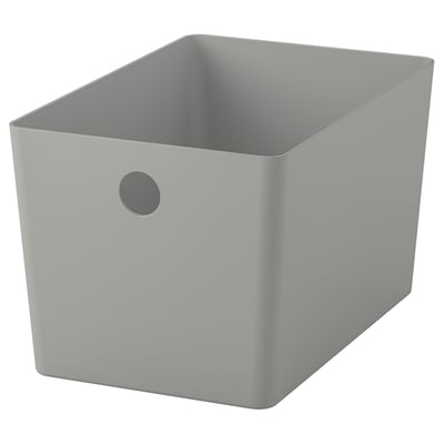 Grå KUGGIS genbrugsplastkasse med håndtag til organisering af skrivebord/hylde.