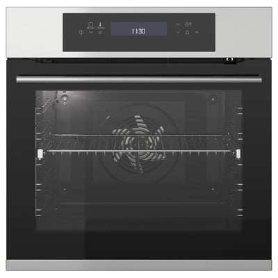 Moderne ovn i rustfrit stål med digitalt display og stativer; designet til effektiv madlavning.
