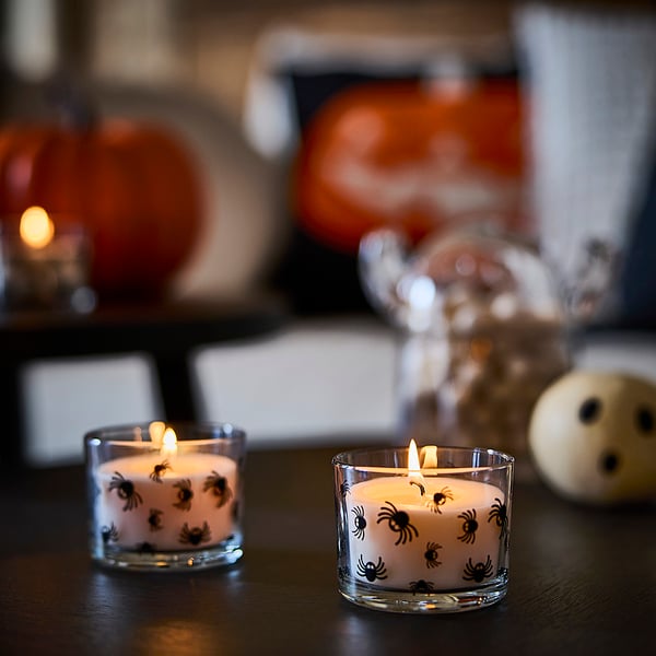 KUSTFYR Duftlys i glas, Geléslik edderkoppemønster/klart glas, 20 hr