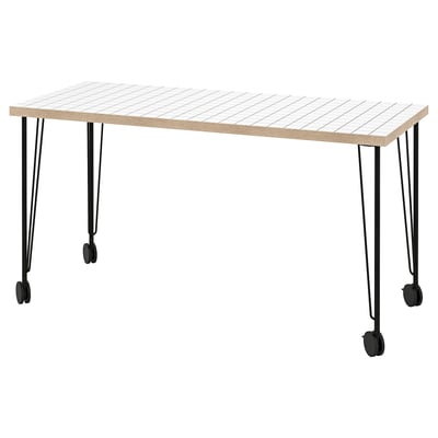 LAGKAPTEN bord, beige bordplade, sorte ben. Moderne design med hjul.