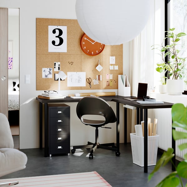 LAGKAPTEN / LINNMON L-formet skrivebord, sortbrun/sort, 140x160 cm