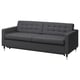 Billedet viser en moderne grå stofsofa ved navn Landkrona med kromben og et slankt design.