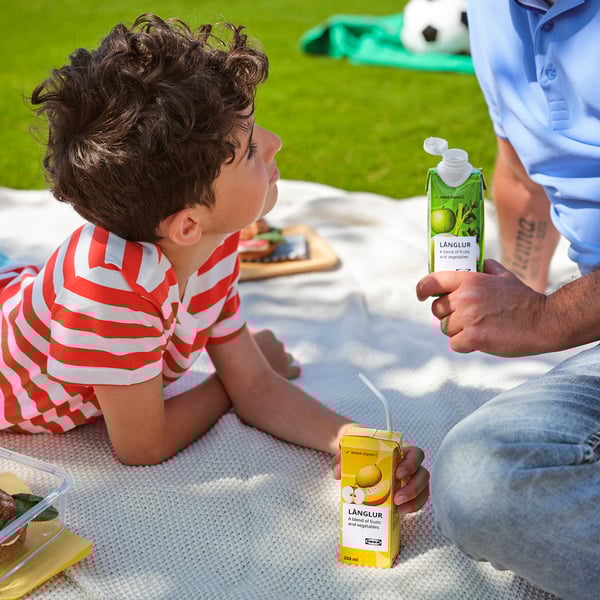 En dreng sidder på et tæppe i en park og kigger op på en mand, der holder en grøn LÅNGLUR smoothie-flaske, mens han holder en gul kartondrik med sugerør.