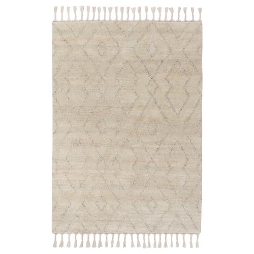 Et beige, rektangulært LENTÅTEL-tæppe med subtile geometriske mønstre og flettede frynser, fremstillet af uld og bomuld.