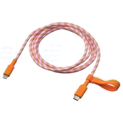 Et orange og hvidt oprullet LILLHULT usb-kabel med gummiender.