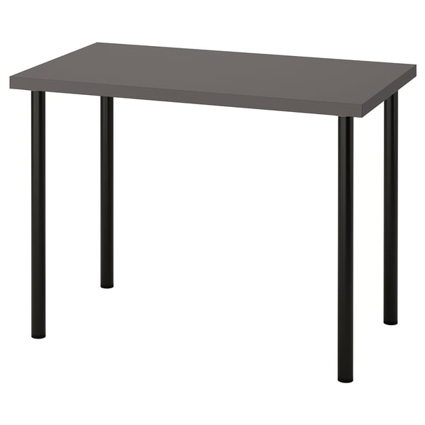 Viser et LINNMON gråt rektangulært bord med sorte metalben. Moderne design med slanke linjer og justerbare fødder for stabilitet.