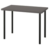 Viser et LINNMON gråt rektangulært bord med sorte metalben. Moderne design med slanke linjer og justerbare fødder for stabilitet.