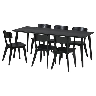 Sort LISABO spisebordssæt med rektangulært bord og seks matchende stole, moderne design.