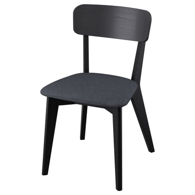 LISABO sort stol, slankt design med polstret sæde, træstel, moderne æstetik.