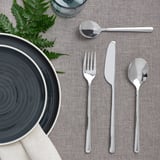 LÖFTESRIK bestik: stålgaffel, kniv, ske, skål, moderne design.