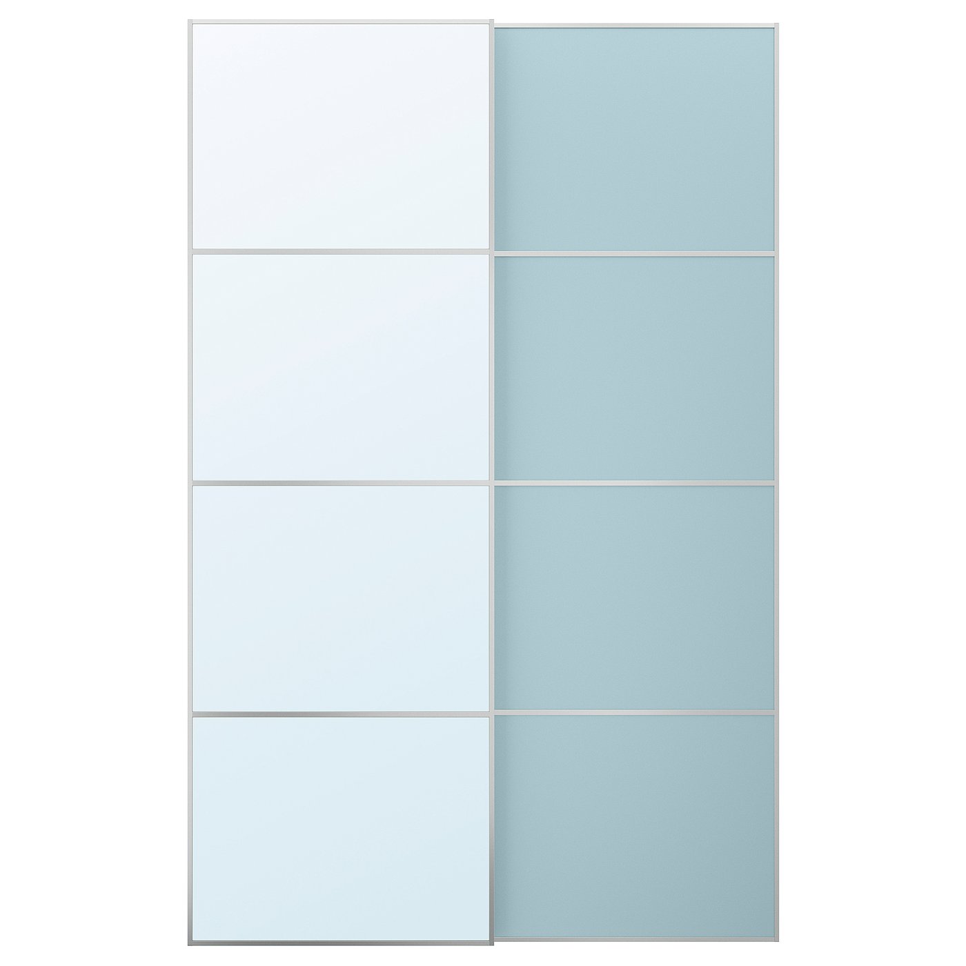 Møbelmontering MEHAMN/AULI Skydedørspar, aluminium dobbeltsidet/lyseblå spejl, 150×236 cm