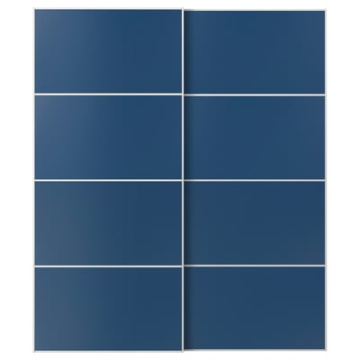 MEHAMN blå skydedøre i glas. De rektangulære låger har et minimalistisk design med et glaspanel i en robust aluminiumsramme.