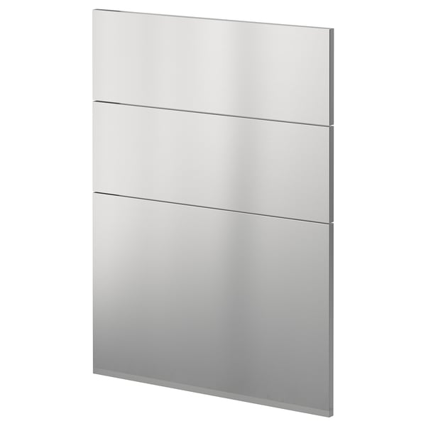 Ikea METOD køkkenskab med vårsta-fronter i rustfrit stål, slankt, rektangulært design.