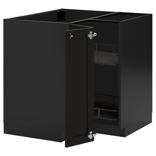 Sort køkkenskabssæt med skrå kanter, robust konstruktion, justerbare hylder, metalliske hængsler, metallisk finish.