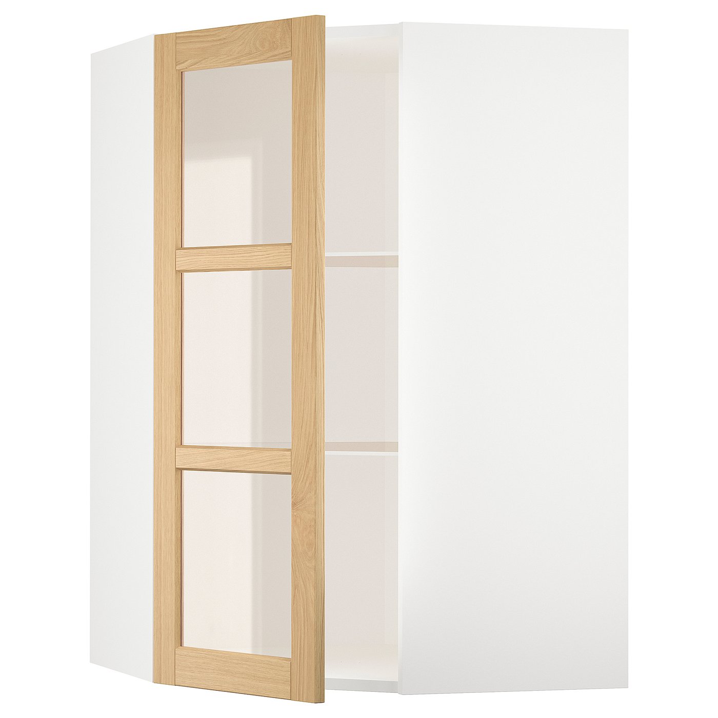 Møbelmontering METOD Hjørnevægskab med hylder/vitrinelåg, hvid/Forsbacka eg, 68×100 cm | Billig & Hurtig i København