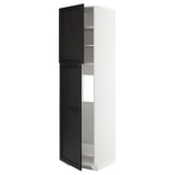 En ikea METOD hvid højenhed med sortbejdsede trælåger, med et moderne design med justerbare hylder.