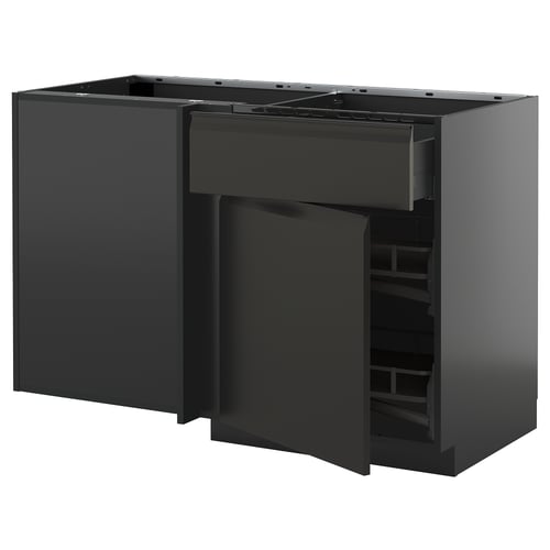 Moderne sort køkkenenhed med åbne skuffer og hylder, en del af ikeas METOD-serie, slankt og funktionelt design.