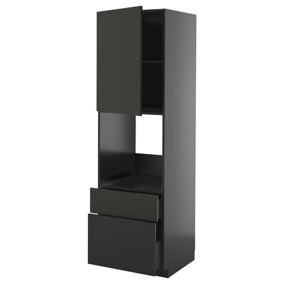 Dette billede viser et højt sort ikea METOD køkkenelement med skuffer og hylder.