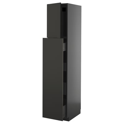 Sort glasskab, to skuffer, vinklet udsigt, moderne slankt design.