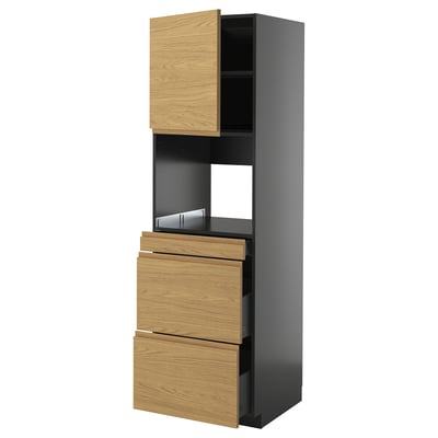 Moderne køkkenenhed, lyst træ, mørk ramme, tre skuffer, skab, slankt minimalistisk design.