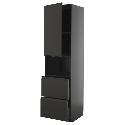 Moderne sort køkkenenhed fra ikea med slankt design, højskab, to skuffer og åben hylde.