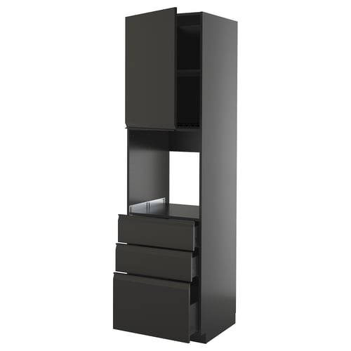 Sort køkkenskab, moderne design med mat finish, tre skuffer, en åben hylde og et lukket rum.