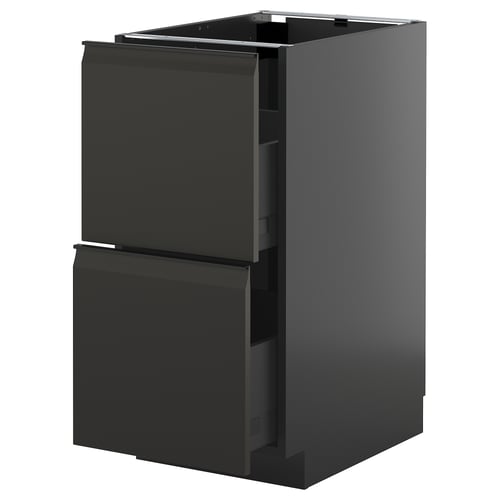 Sort moderne køkkenskab med to skuffer, slankt design, blank finish.