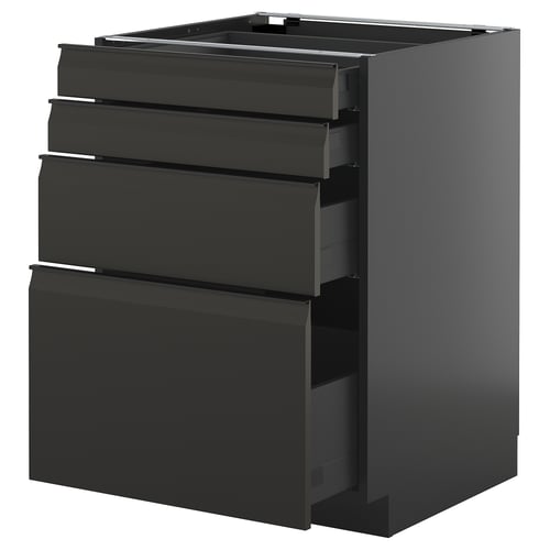 Sort moderne køkkenskab med flere skuffer, slankt design.