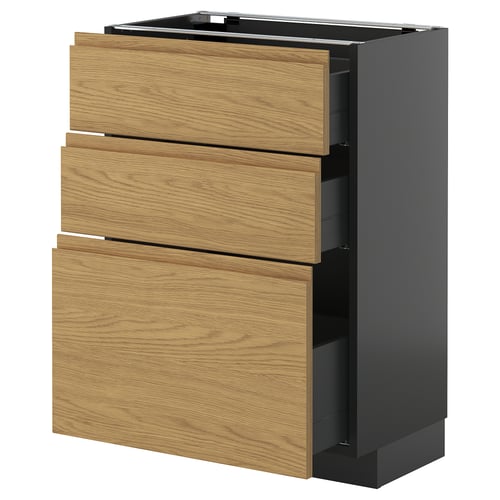 Moderne køkkenenhed med tre træskuffer og sort bund, egetræsfinish, slankt minimalistisk design.